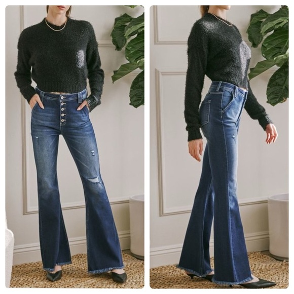 Kancan Dark Wash High Rise Flare Jeans - Picture 1 of 17